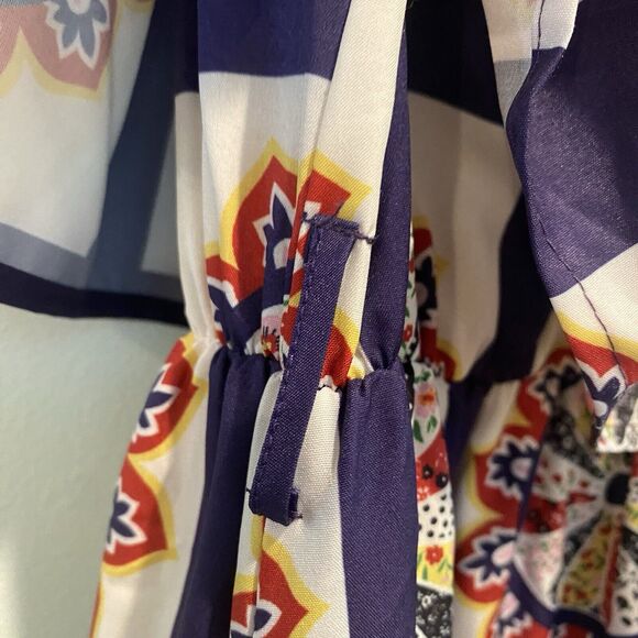 Boho Off Shoulder Maxi Dress Small Purple Geometric Folk Print Ruffle Festival - Picture 13 of 14